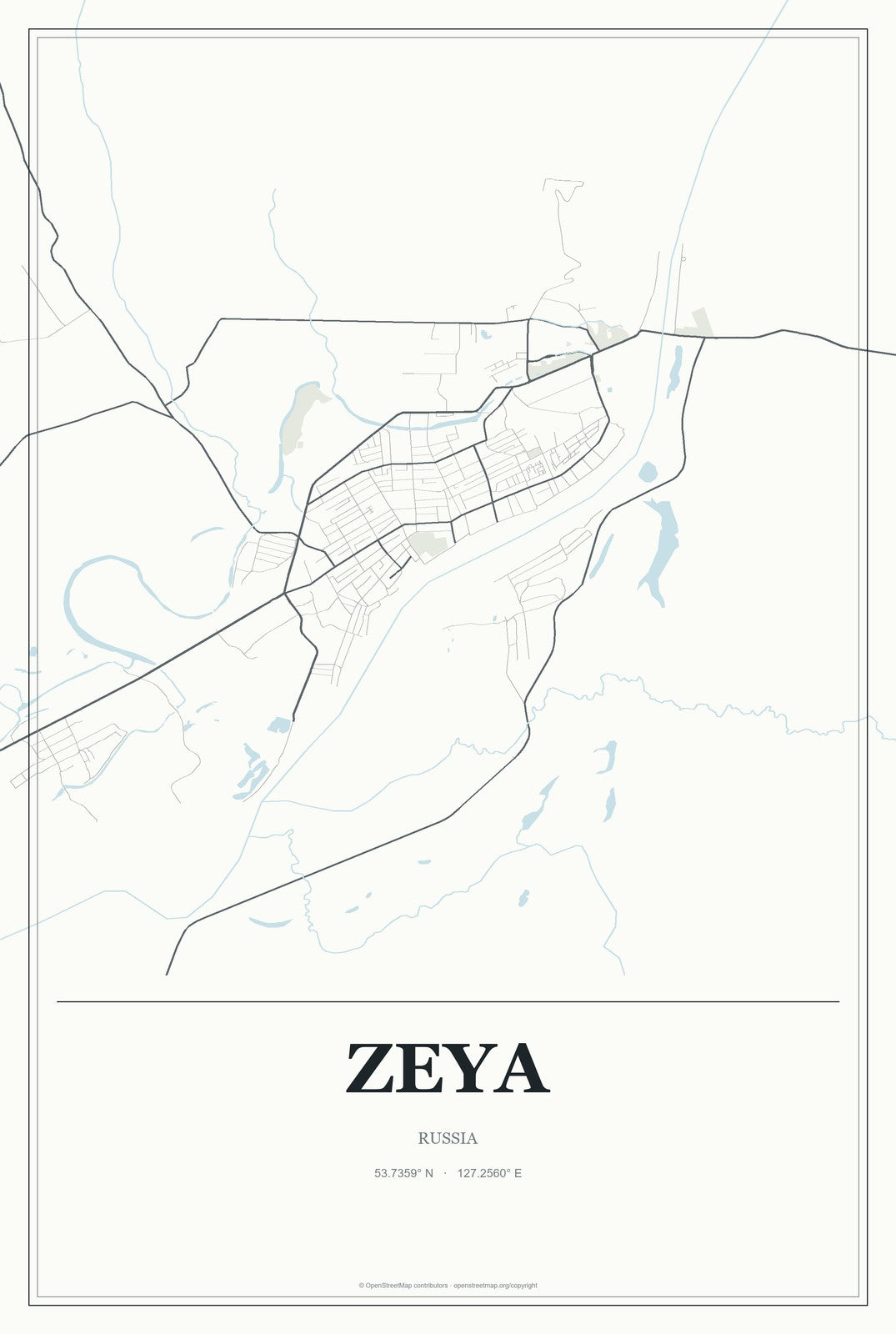 Zeya, Russia City Map Aluminum Sign in Gallery Air style