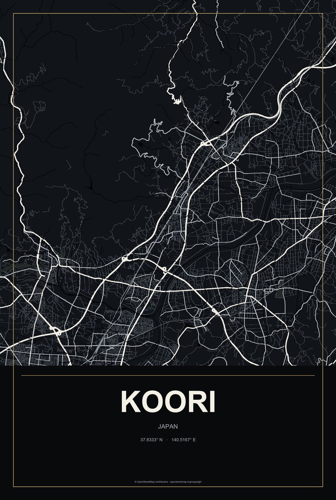 Koori, Japan City Map Aluminum Sign in Metropolitan Noir style