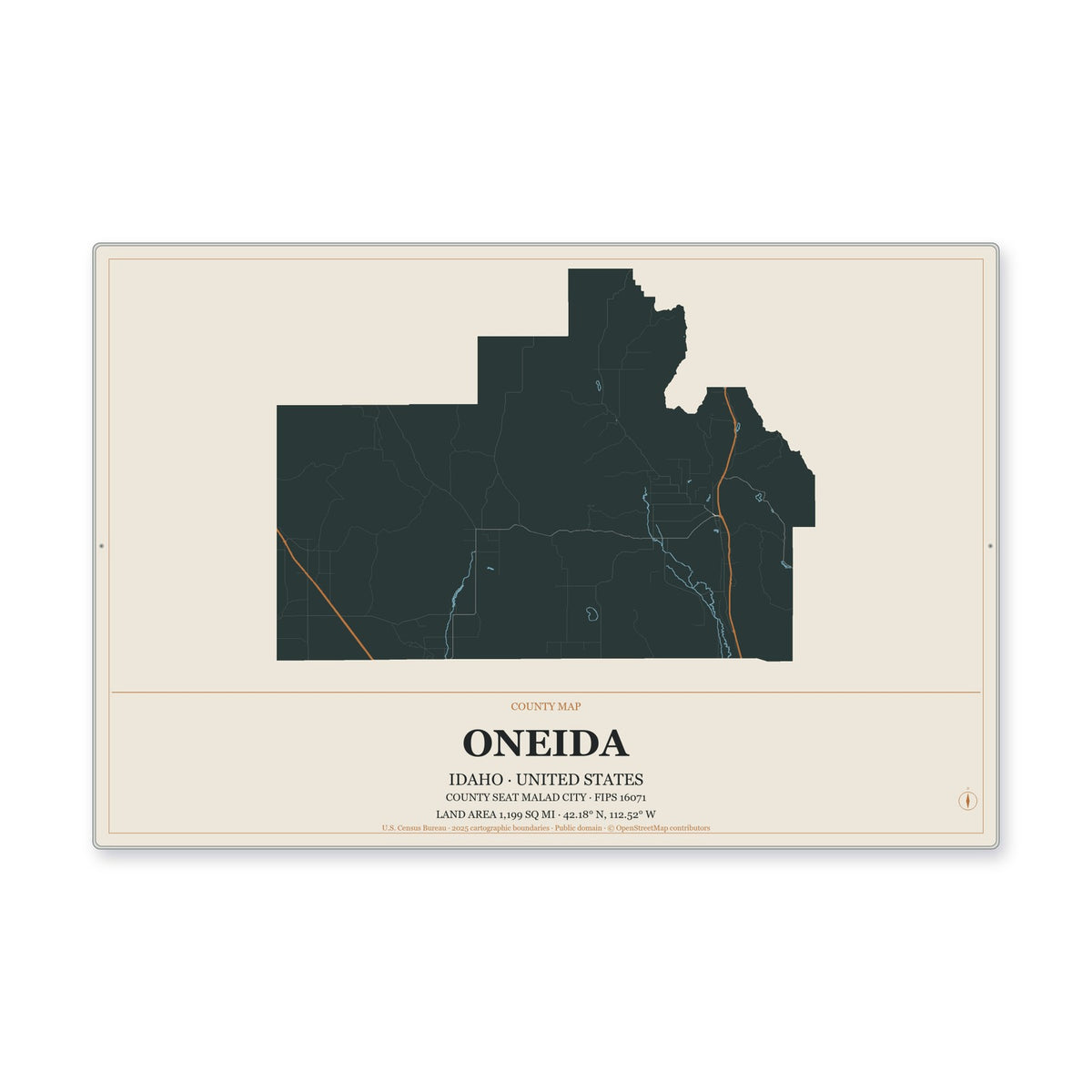 Oneida County, Idaho Map Aluminum Sign in Headline Atlas style
