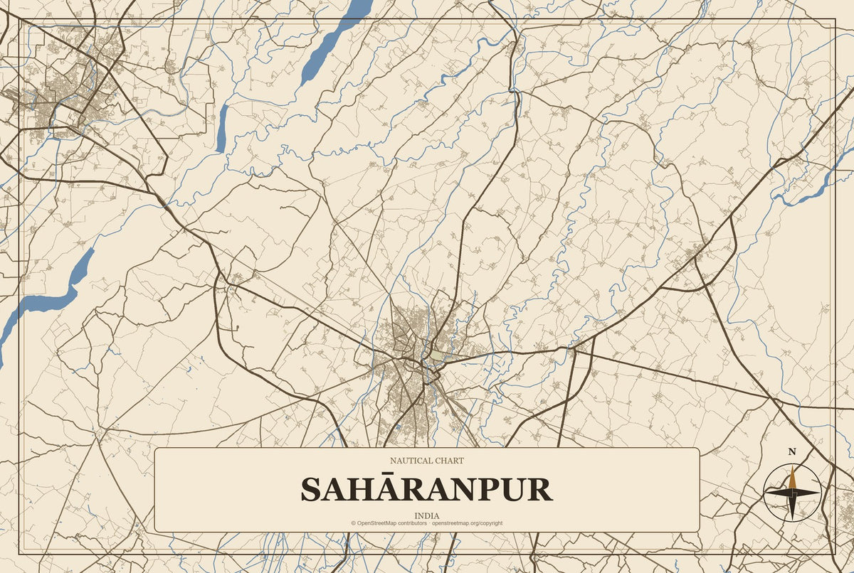 Sahāranpur, India City Map Aluminum Sign in Heritage Nautical style