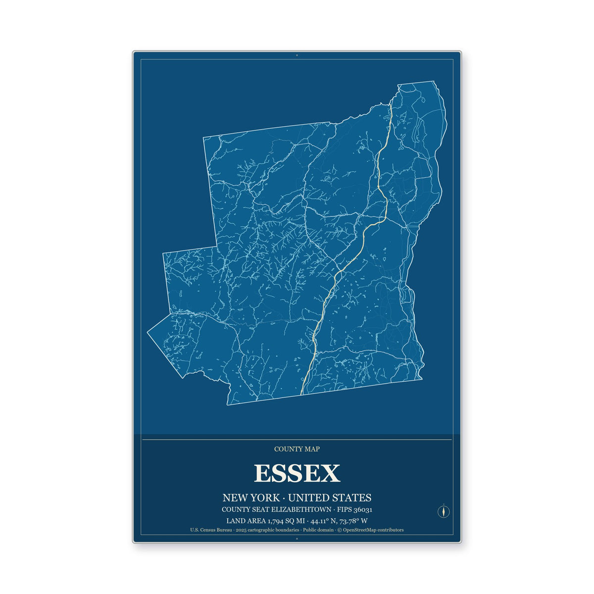 Essex County, New York Map Aluminum Sign in Harbor Cobalt style