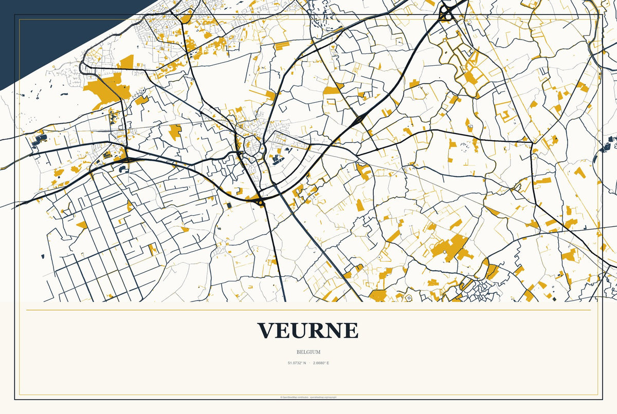 Veurne, Belgium City Map Aluminum Sign in Citrine Modern style