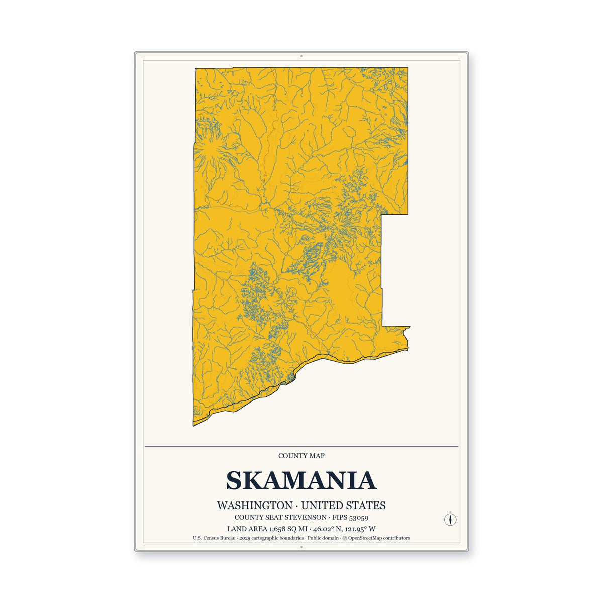 Skamania County, Washington Map Aluminum Sign in Citrine Modern style