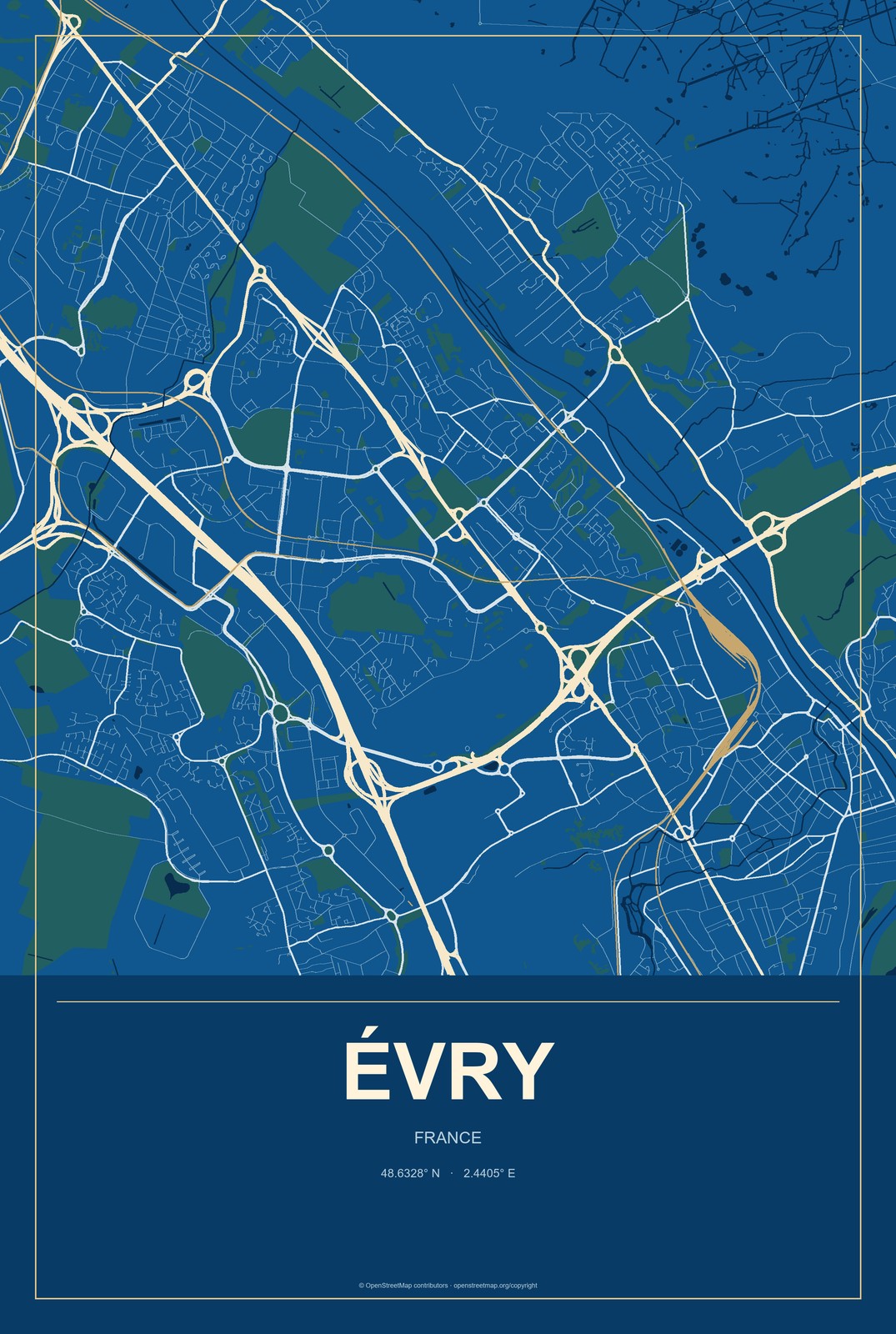 Évry, France City Map Aluminum Sign in Harbor Cobalt style