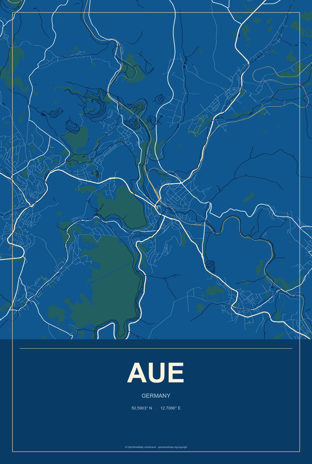 Aue, Germany City Map Aluminum Sign in Harbor Cobalt style