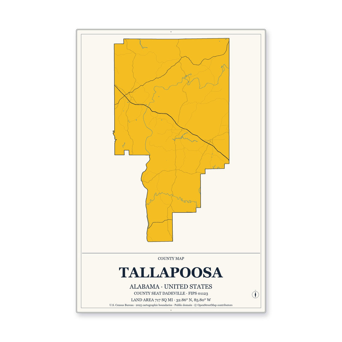 Tallapoosa County, Alabama Map Aluminum Sign in Citrine Modern style