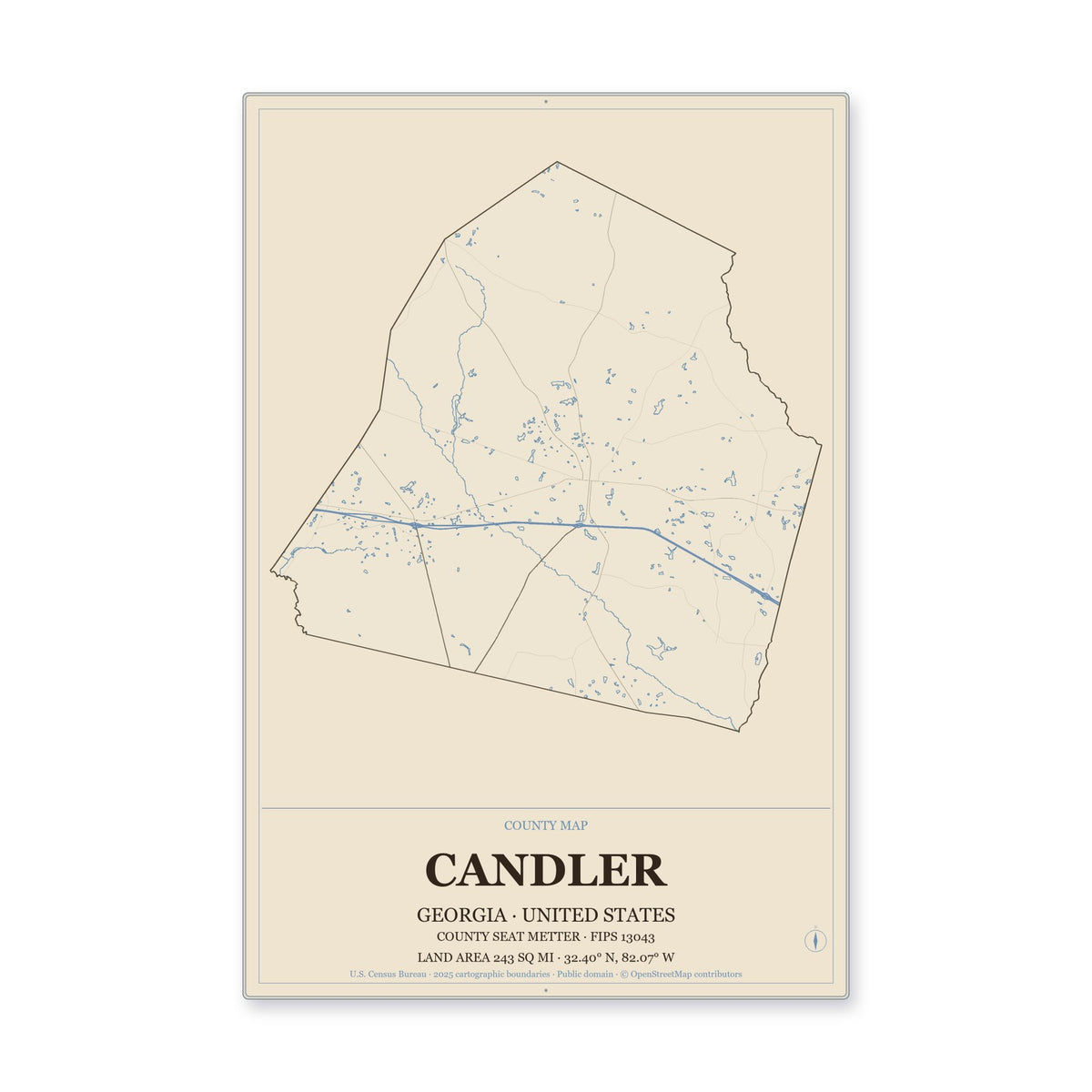 Candler County, Georgia Map Aluminum Sign in Heritage Nautical style
