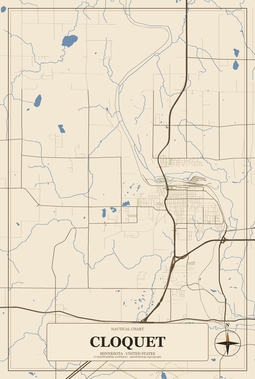 Cloquet, Minnesota City Map Aluminum Sign in Heritage Nautical style