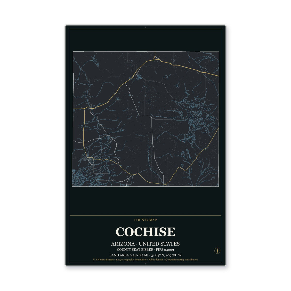 Cochise County, Arizona Map Aluminum Sign in Metropolitan Noir style