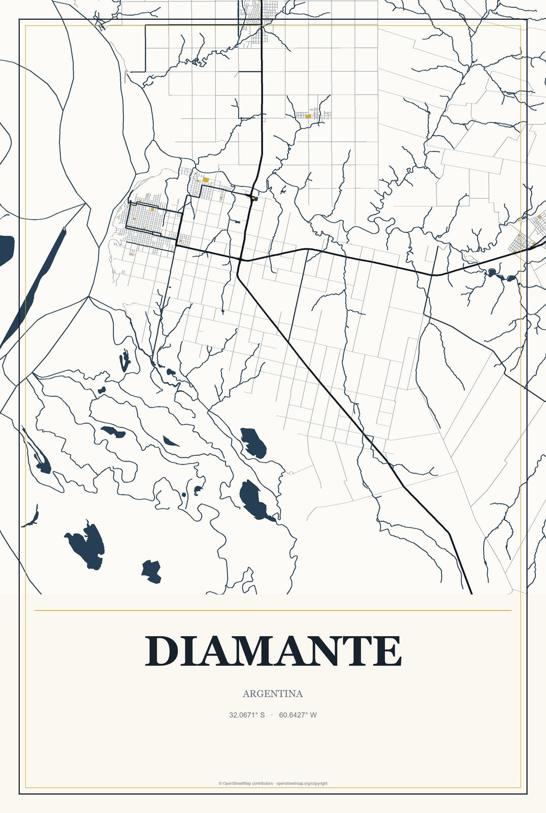 Diamante, Argentina City Map Aluminum Sign in Citrine Modern style