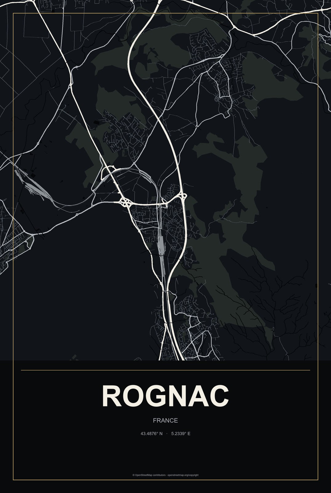 Rognac, France City Map Aluminum Sign in Metropolitan Noir style