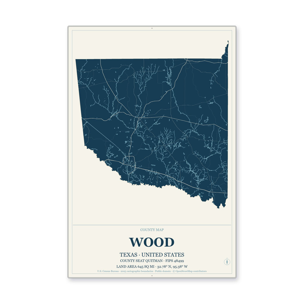 Wood County, Texas Map Aluminum Sign in Coastal Cutout style