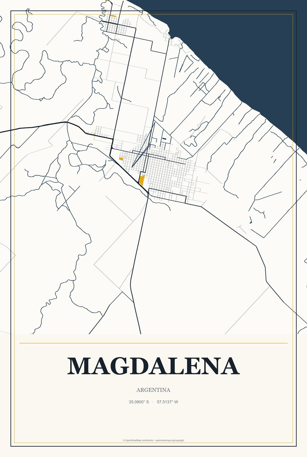 Magdalena, Argentina City Map Aluminum Sign in Citrine Modern style