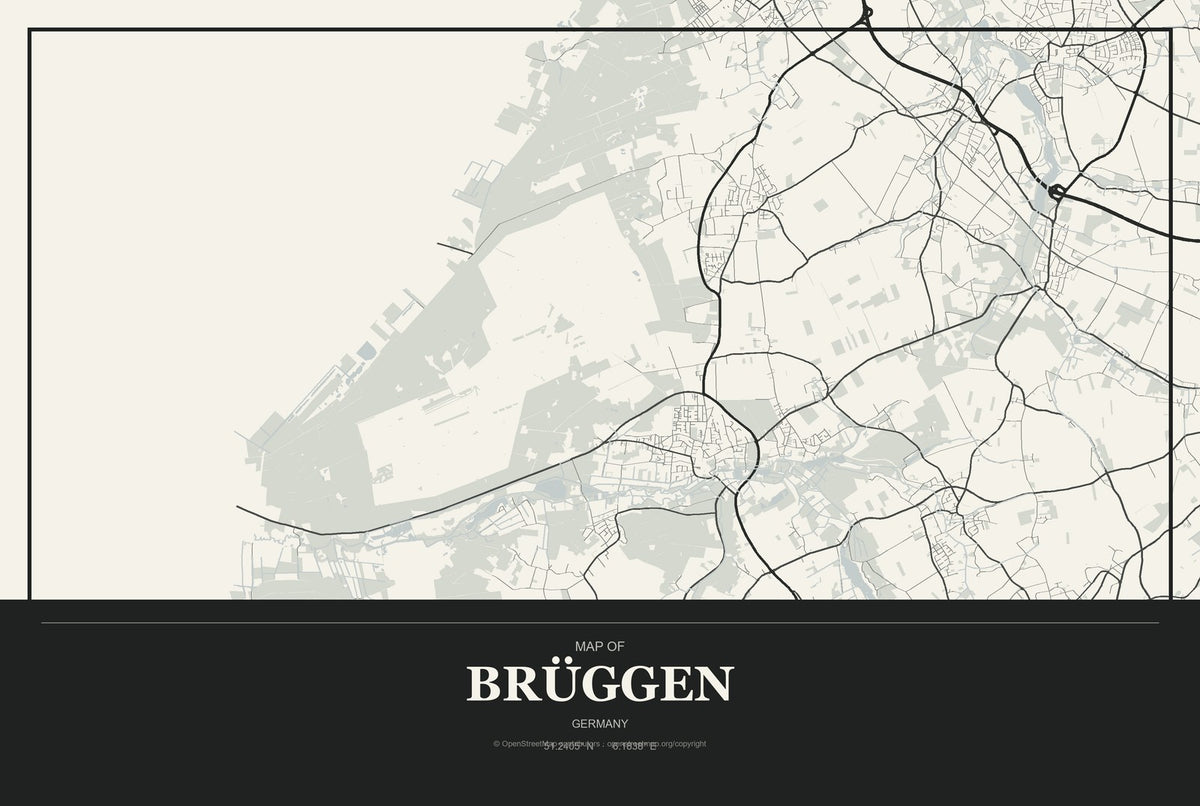 Brüggen, Germany City Map Aluminum Sign in Museum Plaque style
