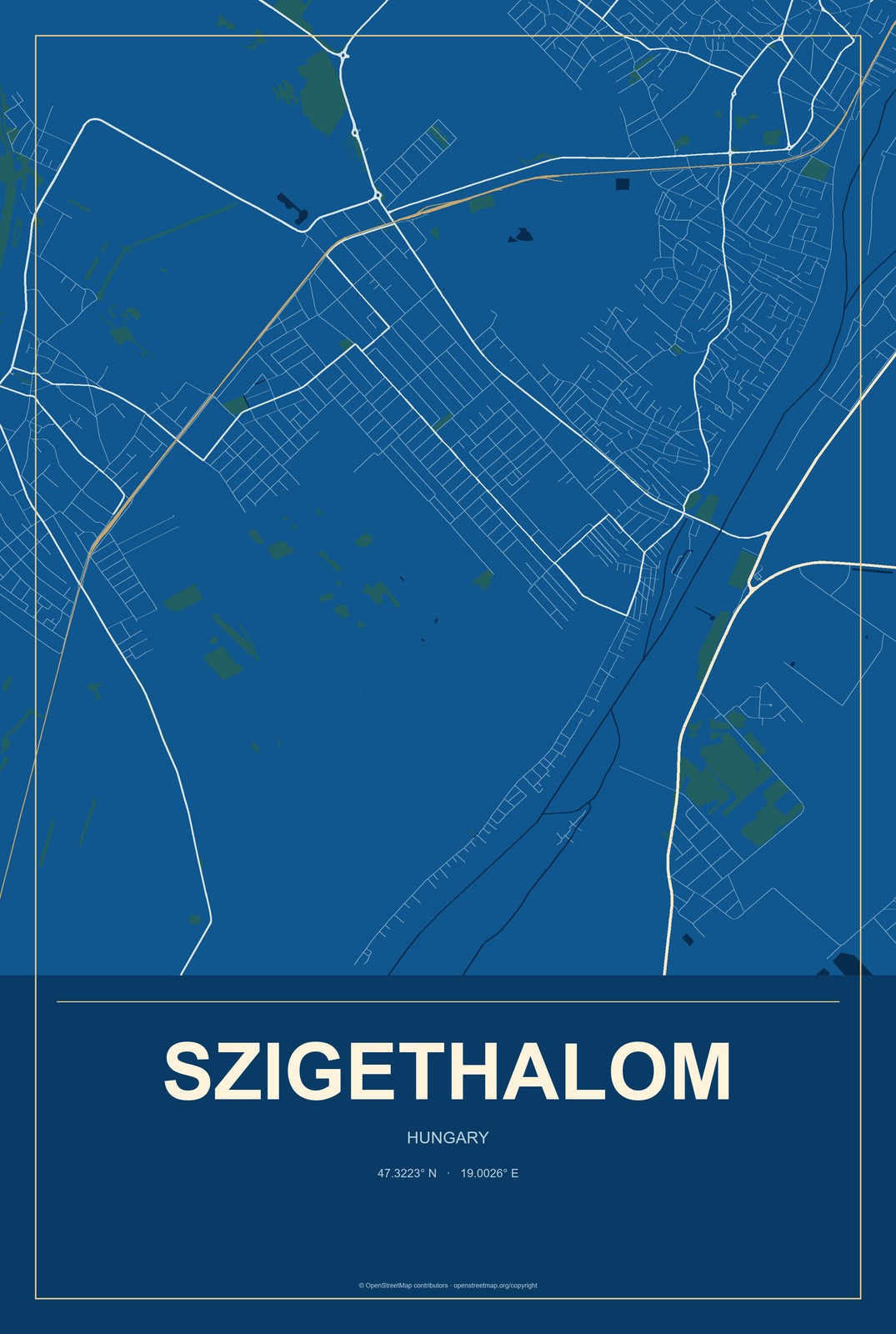 Szigethalom, Hungary City Map Aluminum Sign in Harbor Cobalt style