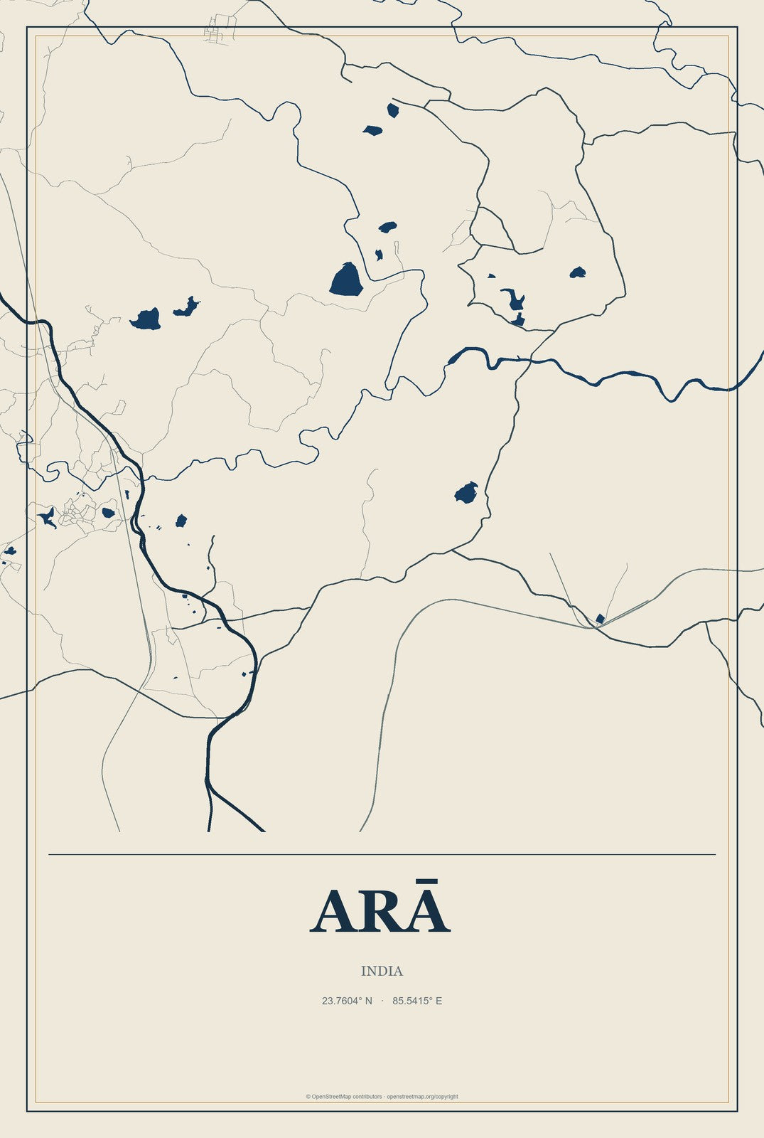 Arā, India City Map Aluminum Sign in Coastal Cutout style