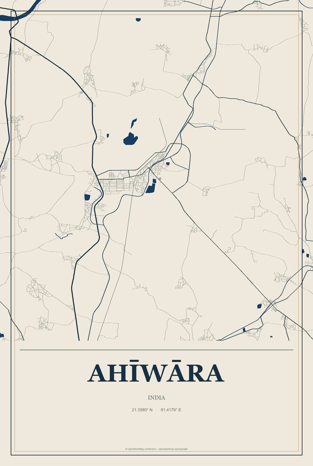 Ahīwāra, India City Map Aluminum Sign in Coastal Cutout style