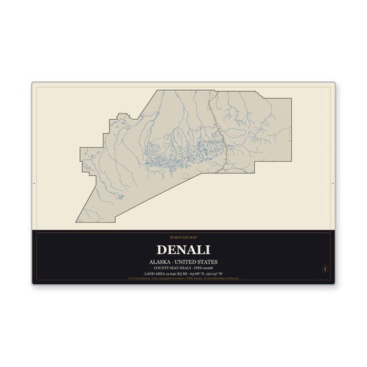 Denali Borough, Alaska Map Aluminum Sign in Museum Plaque style