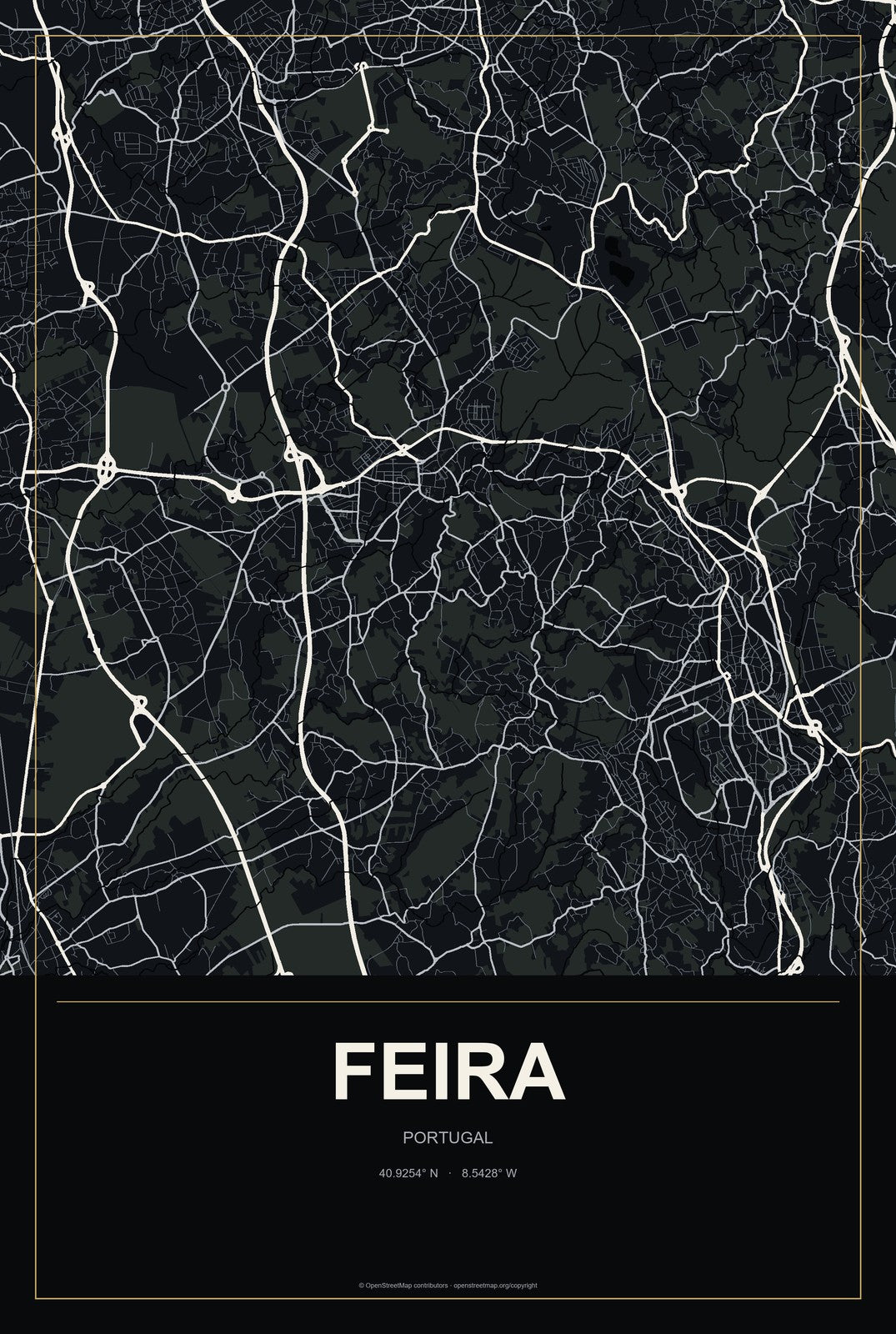 Feira, Portugal City Map Aluminum Sign in Metropolitan Noir style