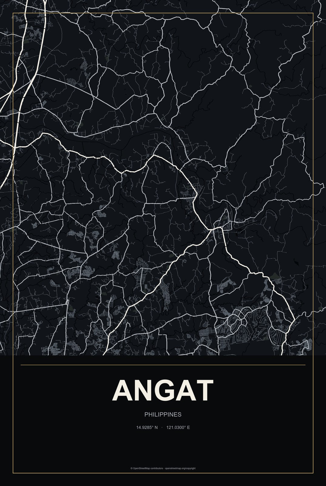 Angat, Philippines City Map Aluminum Sign in Metropolitan Noir style