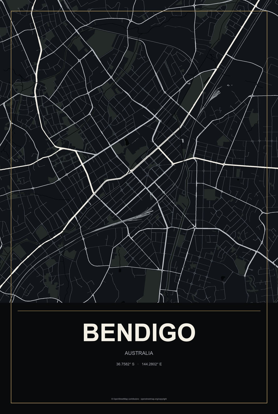 Bendigo, Australia City Map Aluminum Sign in Metropolitan Noir style