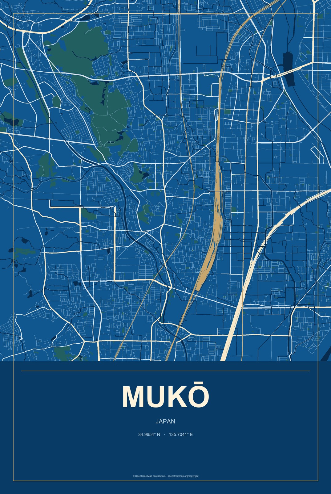Mukō, Japan City Map Aluminum Sign in Harbor Cobalt style