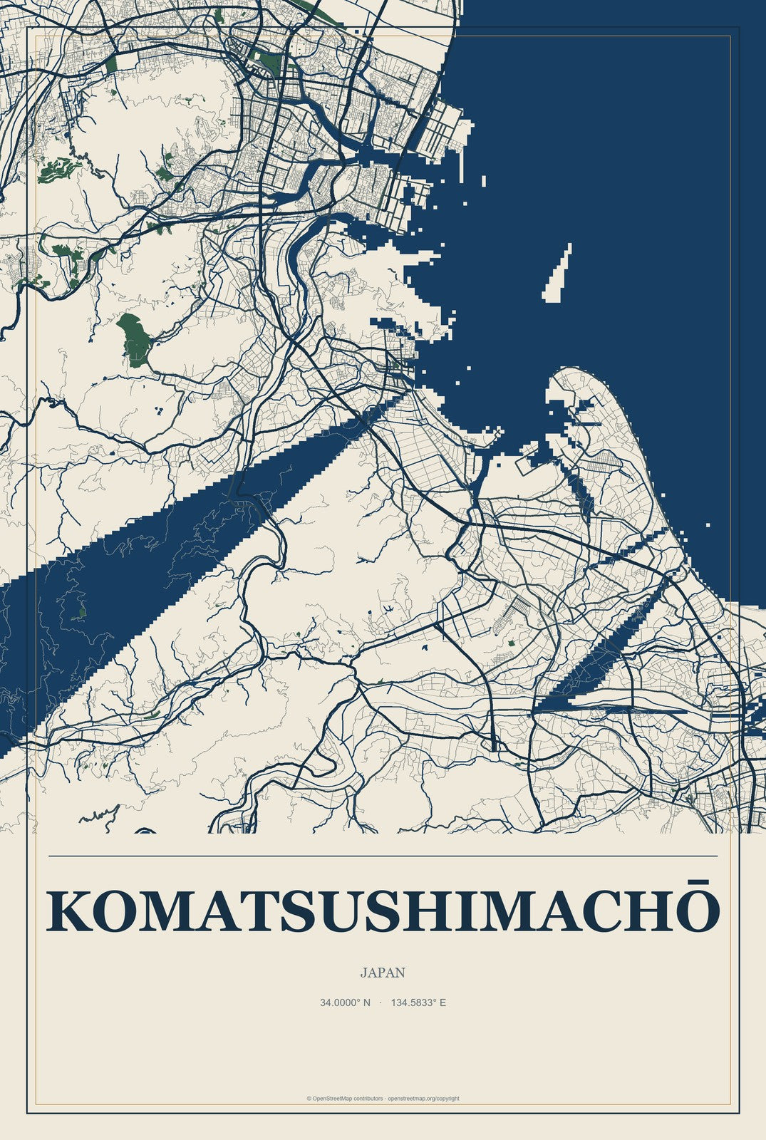 Komatsushimachō, Japan City Map Aluminum Sign in Coastal Cutout style