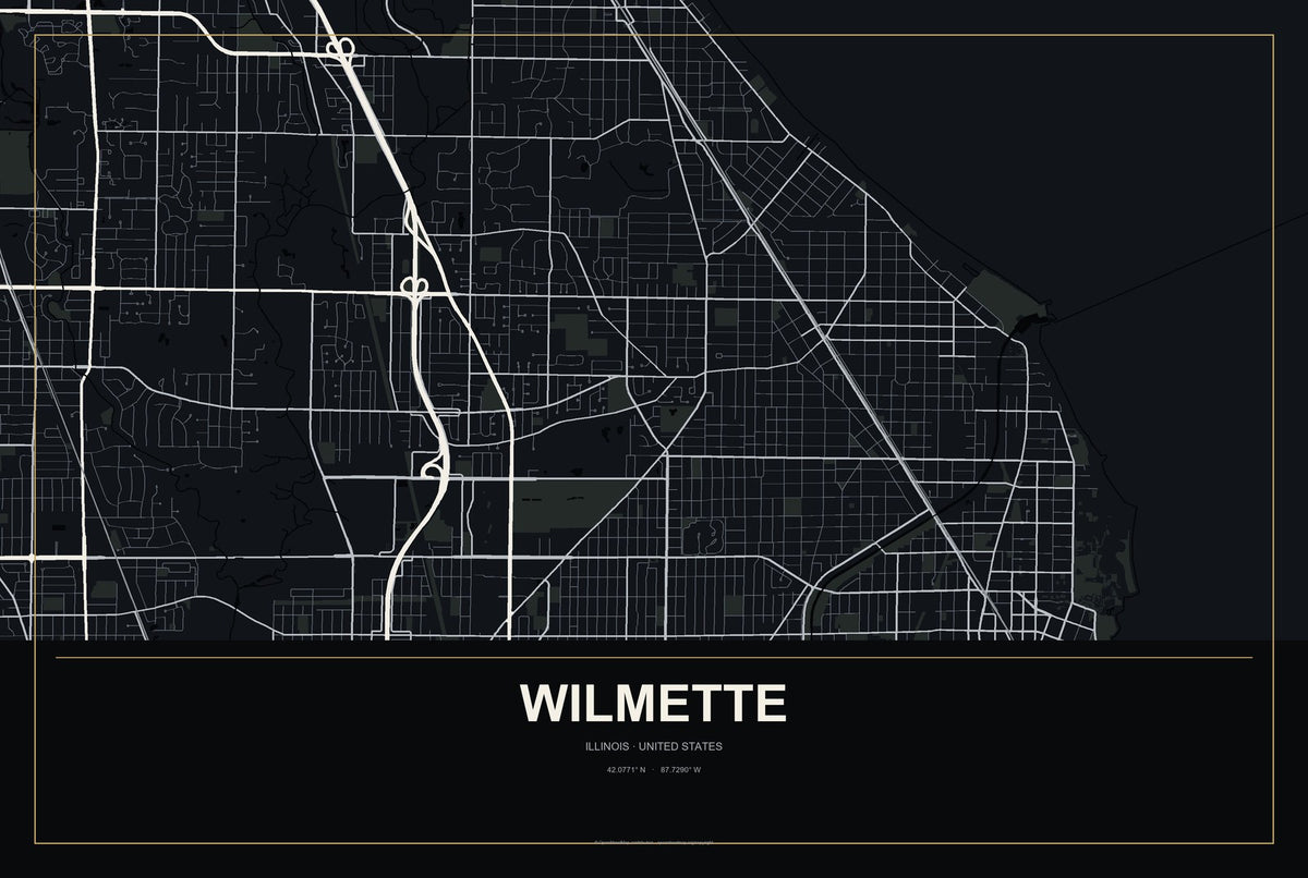 Wilmette, Illinois City Map Aluminum Sign in Metropolitan Noir style