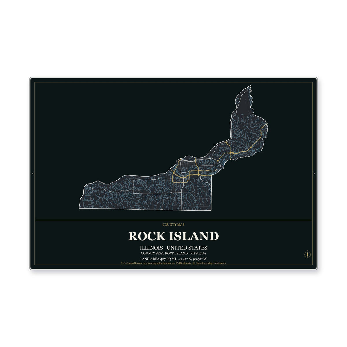 Rock Island County, Illinois Map Aluminum Sign in Metropolitan Noir style