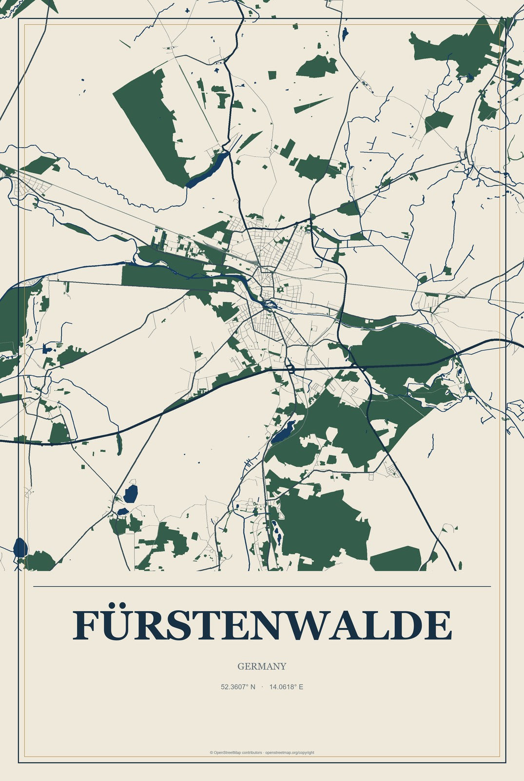 Fürstenwalde, Germany City Map Aluminum Sign in Coastal Cutout style