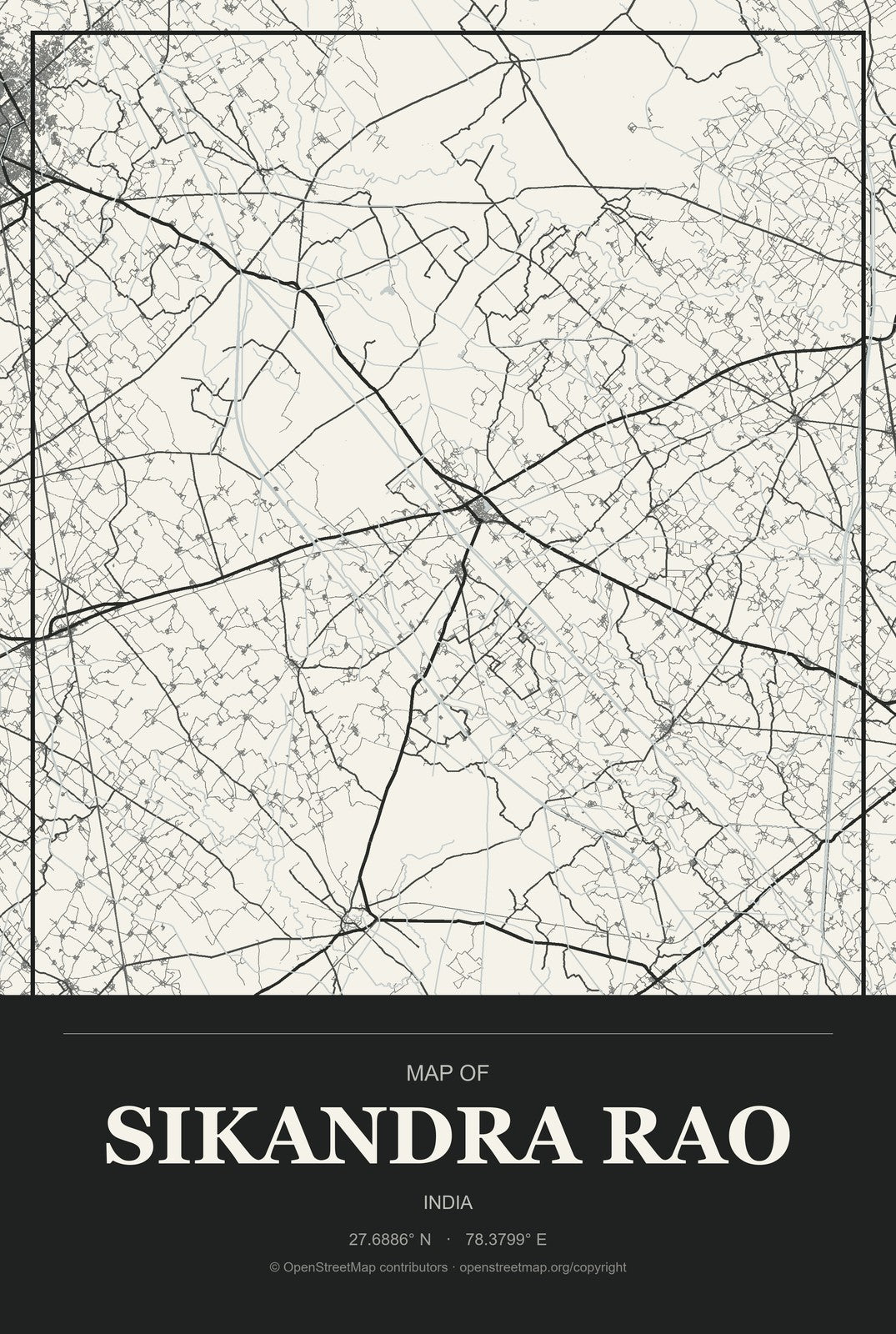 Sikandra Rao, India City Map Aluminum Sign in Museum Plaque style