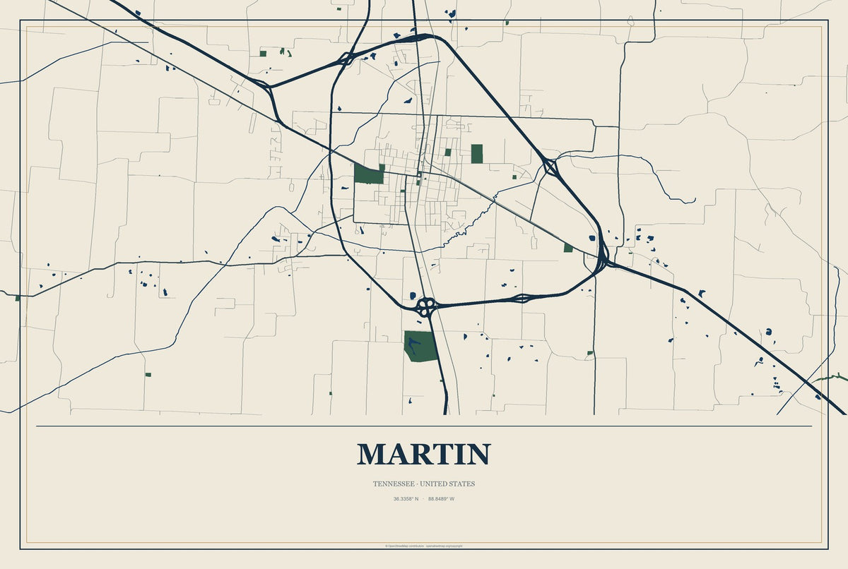 Martin, Tennessee City Map Aluminum Sign in Coastal Cutout style