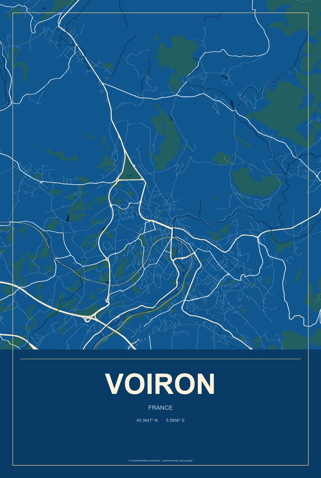 Voiron, France City Map Aluminum Sign in Harbor Cobalt style