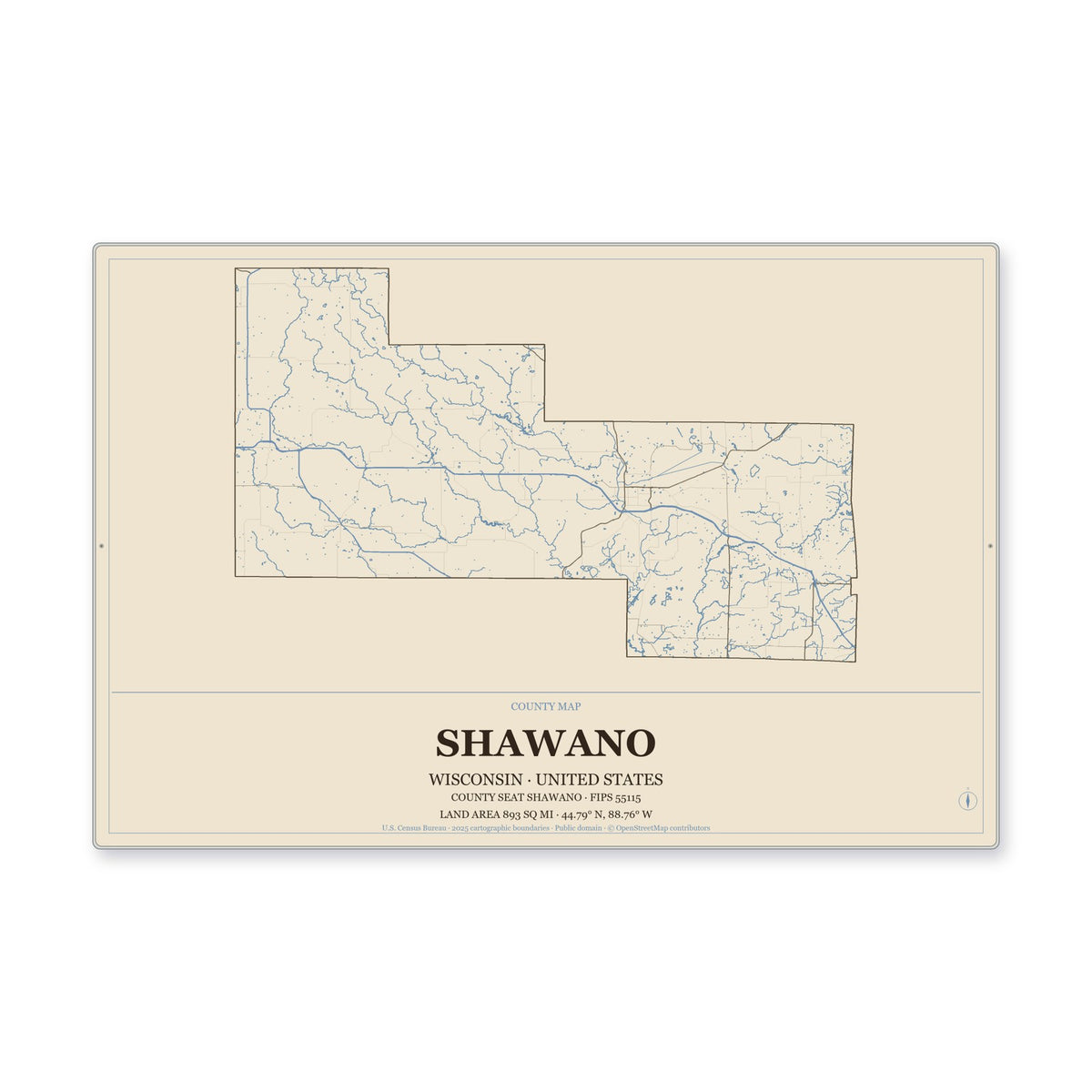 Shawano County, Wisconsin Map Aluminum Sign in Heritage Nautical style