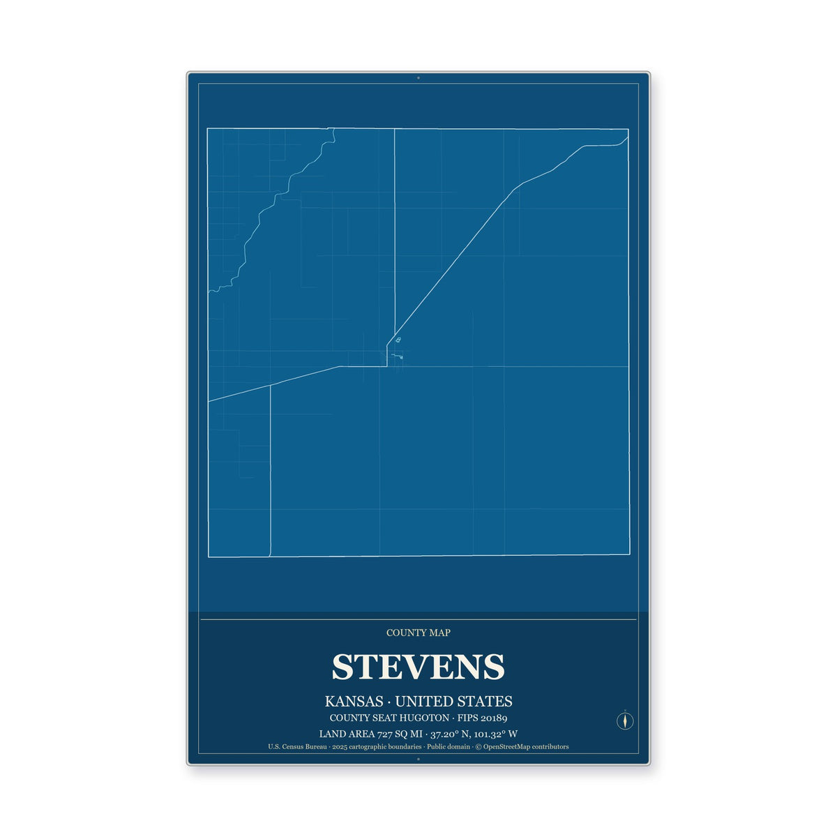 Stevens County, Kansas Map Aluminum Sign in Harbor Cobalt style