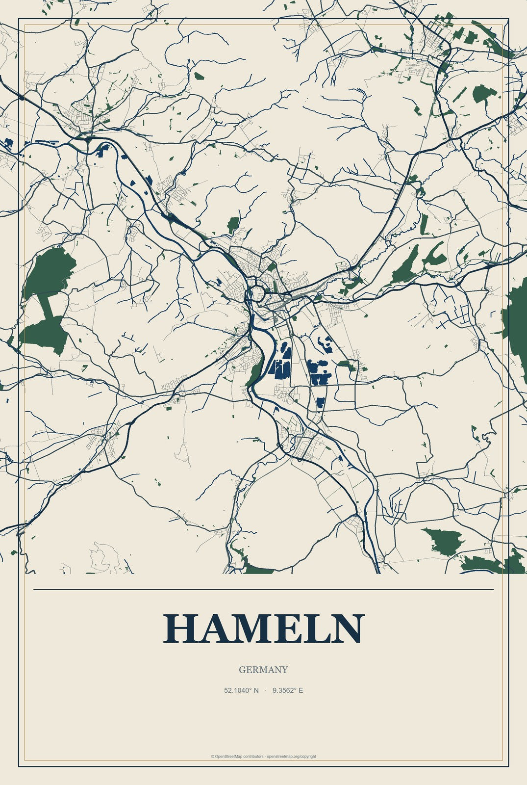 Hameln, Germany City Map Aluminum Sign in Coastal Cutout style