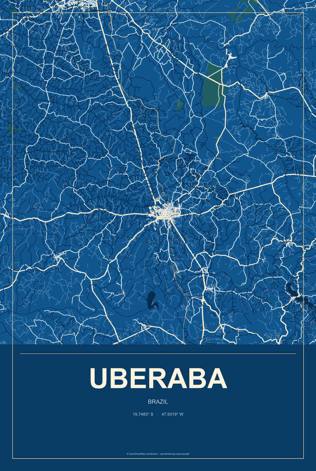 Uberaba, Brazil City Map Aluminum Sign in Harbor Cobalt style