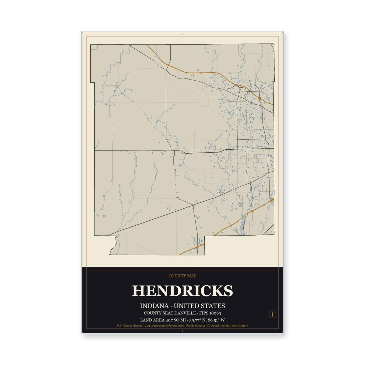 Hendricks County, Indiana Map Aluminum Sign in Museum Plaque style