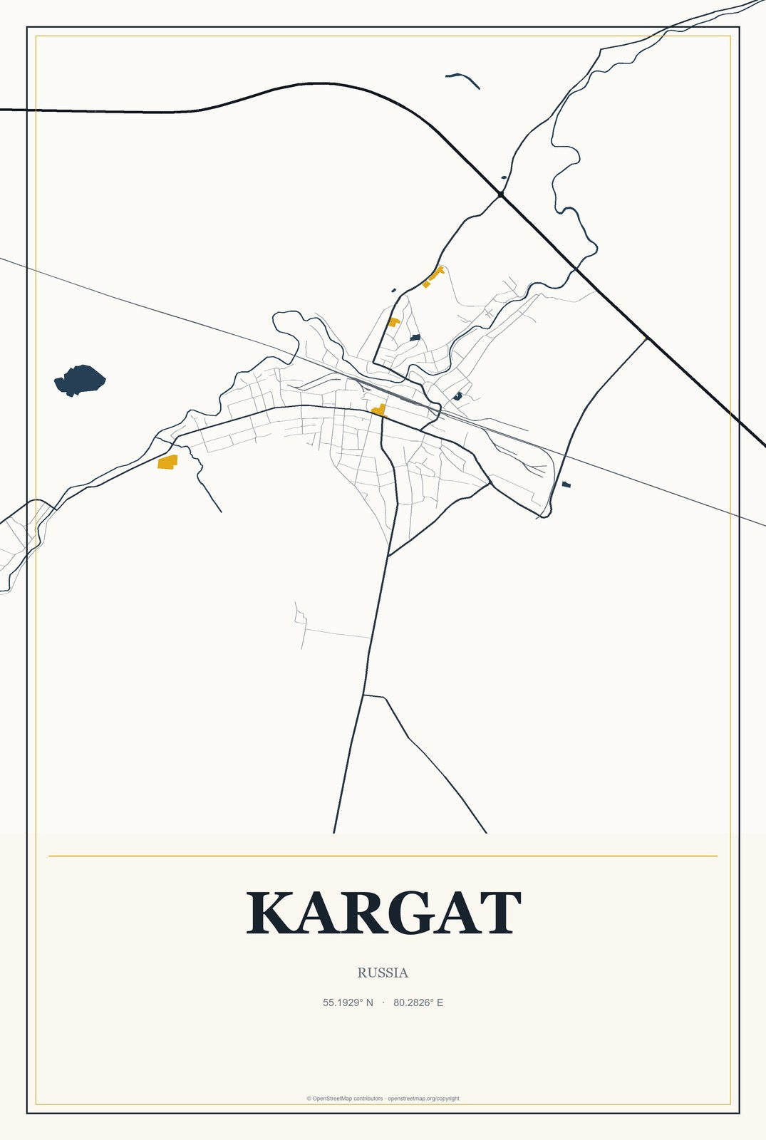 Kargat, Russia City Map Aluminum Sign in Citrine Modern style
