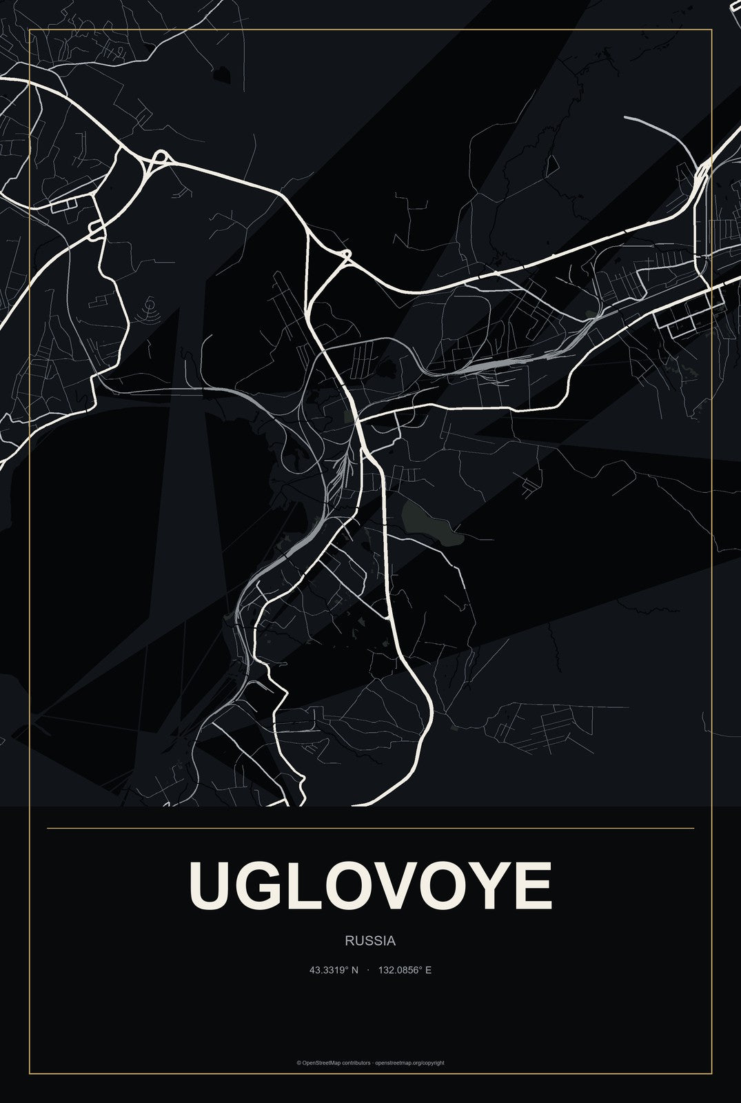 Uglovoye, Russia City Map Aluminum Sign in Metropolitan Noir style