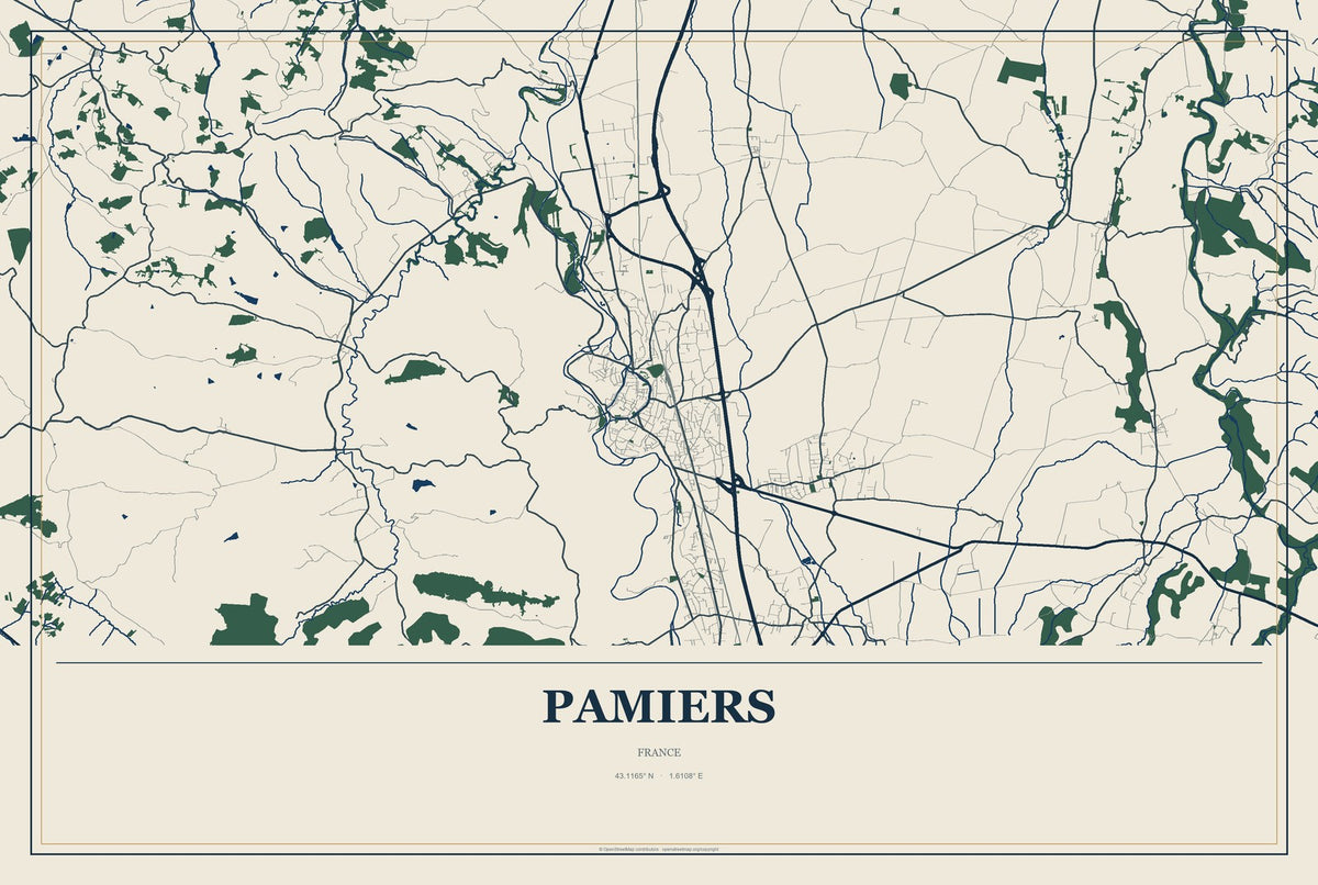 Pamiers, France City Map Aluminum Sign in Coastal Cutout style