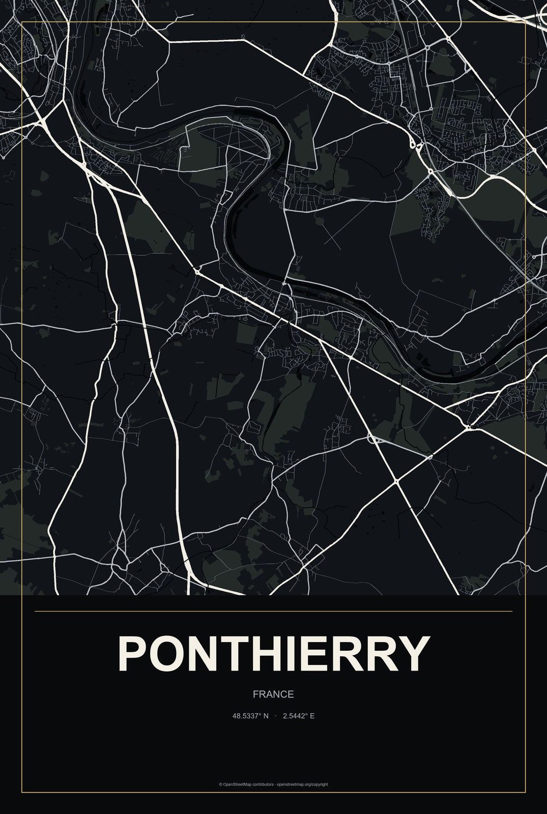 Ponthierry, France City Map Aluminum Sign in Metropolitan Noir style