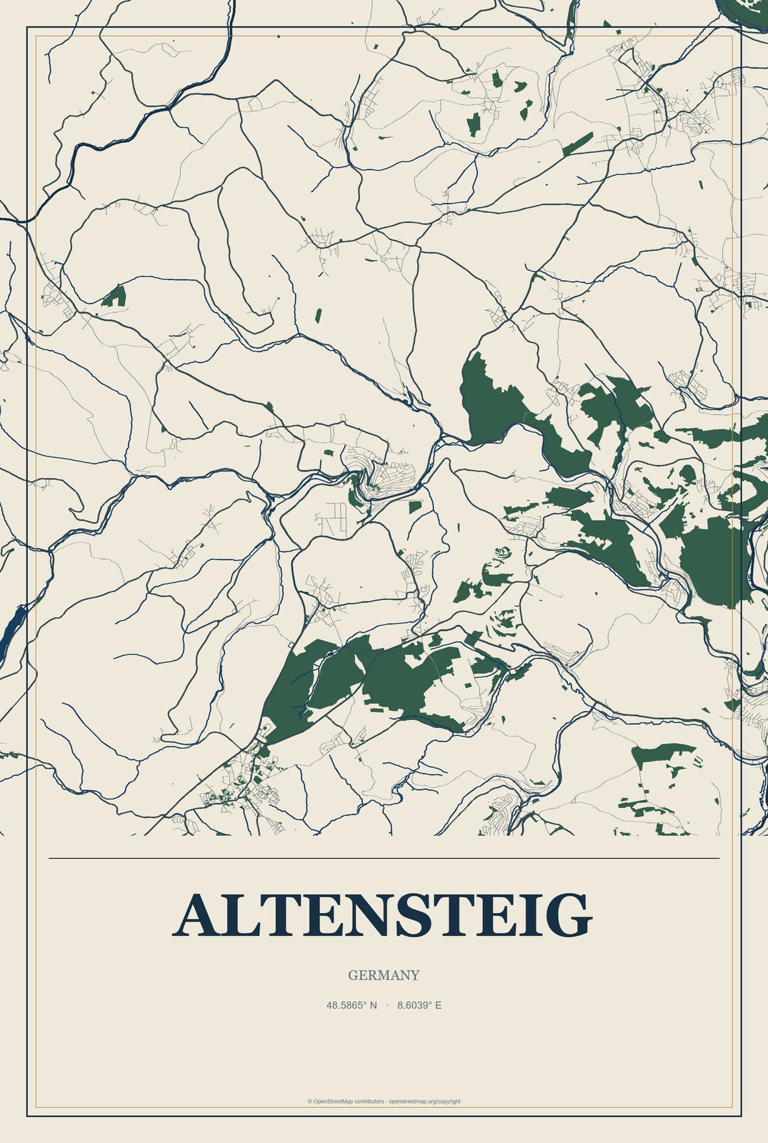 Altensteig, Germany City Map Aluminum Sign in Coastal Cutout style