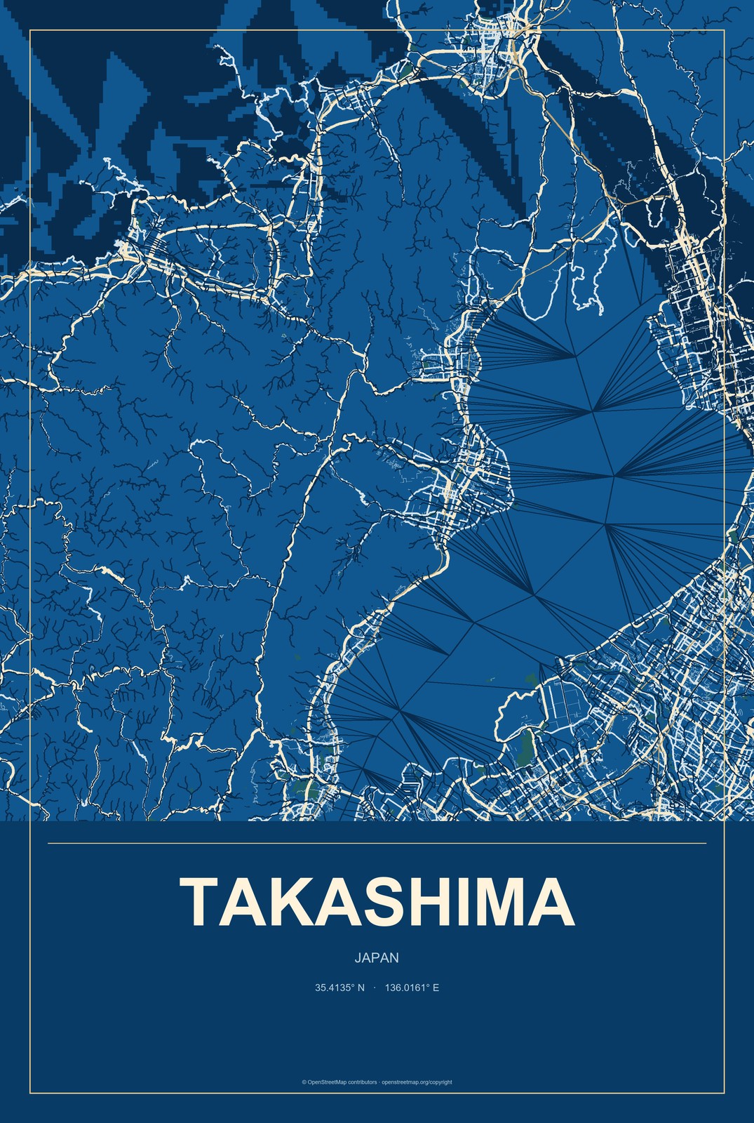 Takashima, Japan City Map Aluminum Sign in Harbor Cobalt style