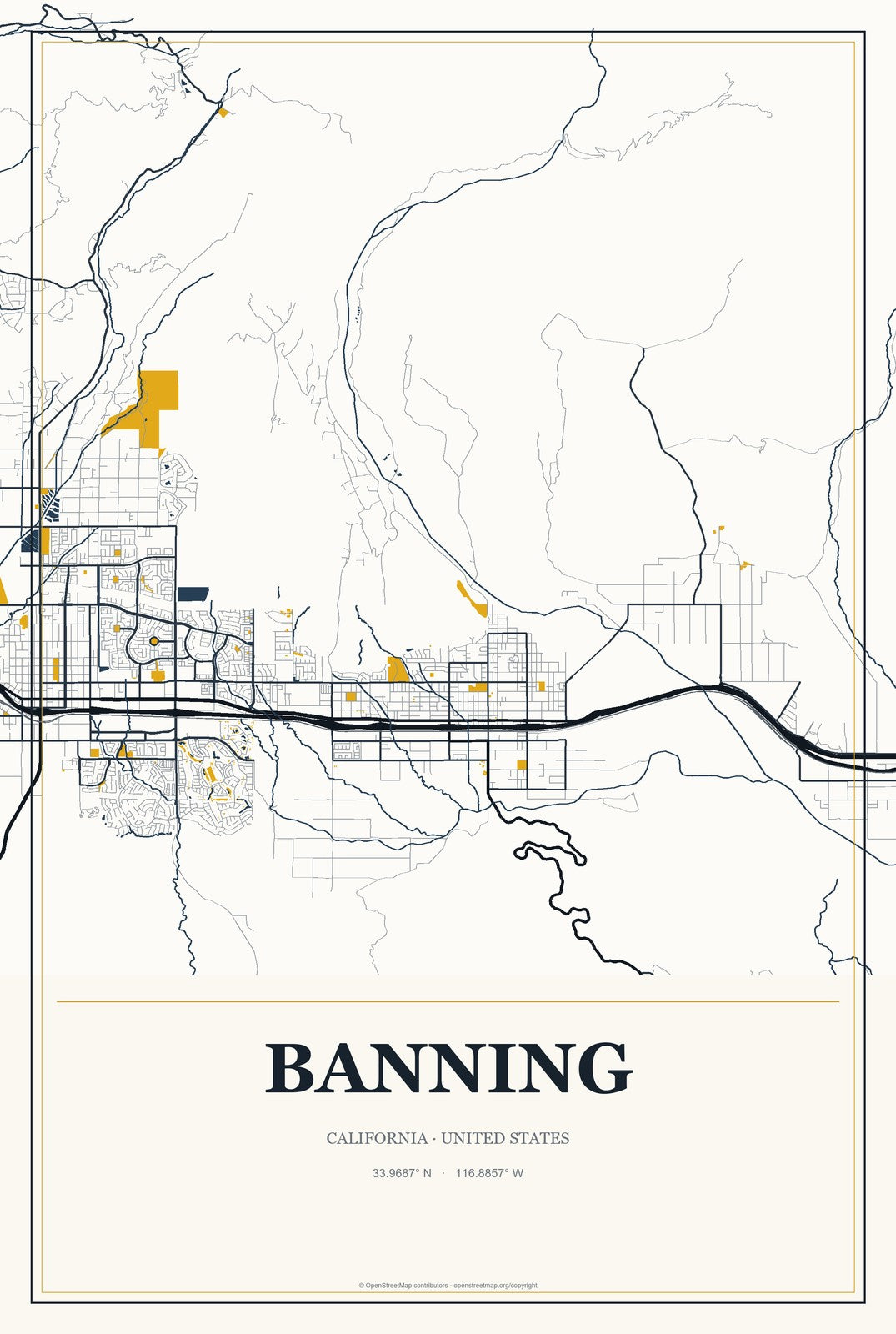 Banning, California City Map Aluminum Sign in Citrine Modern style