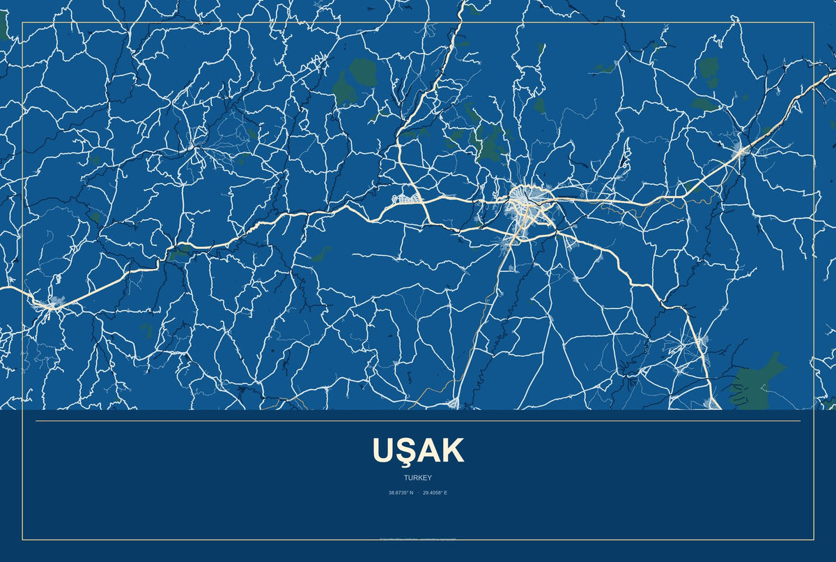 Uşak, Turkey City Map Aluminum Sign in Harbor Cobalt style