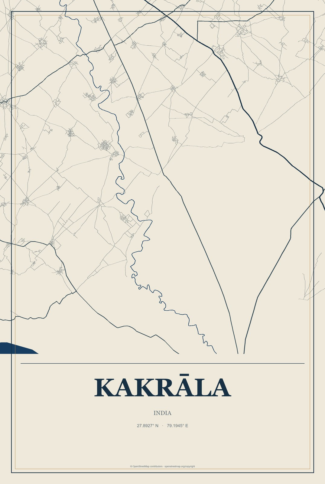 Kakrāla, India City Map Aluminum Sign in Coastal Cutout style