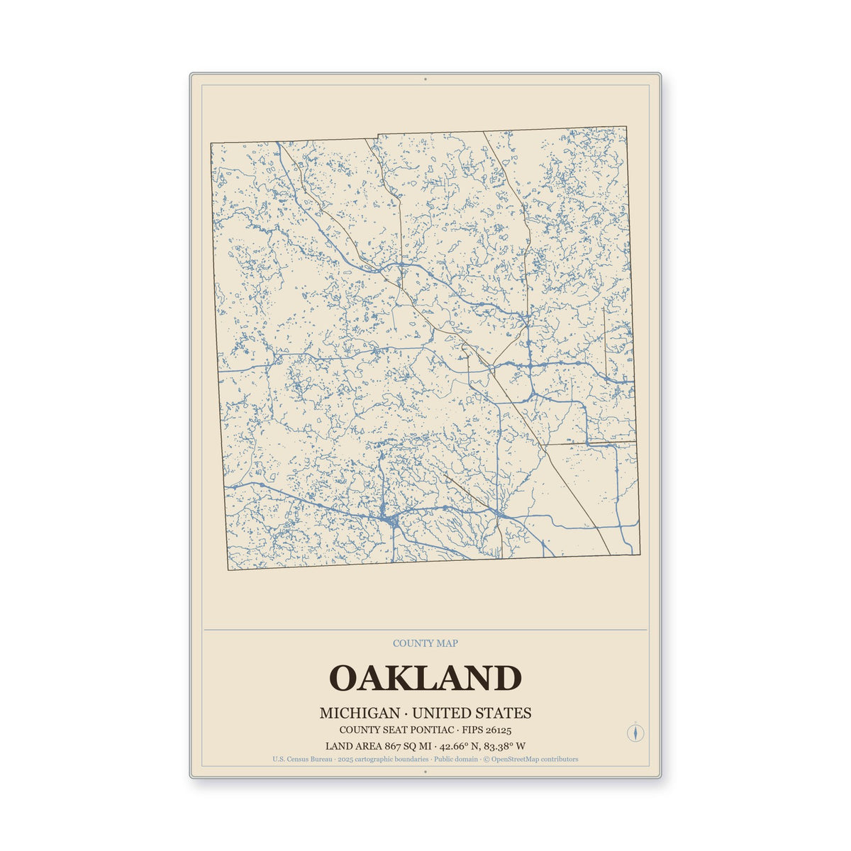 Oakland County, Michigan Map Aluminum Sign in Heritage Nautical style