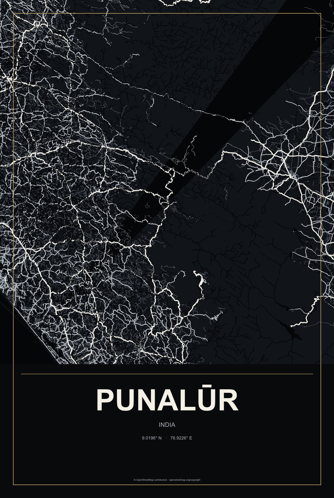 Punalūr, India City Map Aluminum Sign in Metropolitan Noir style