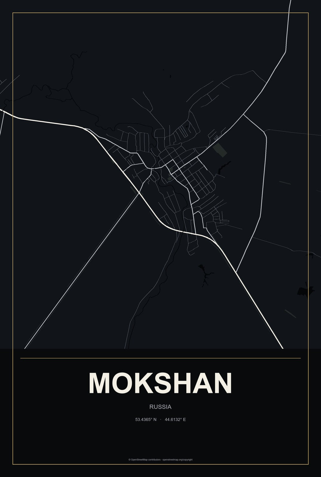 Mokshan, Russia City Map Aluminum Sign in Metropolitan Noir style